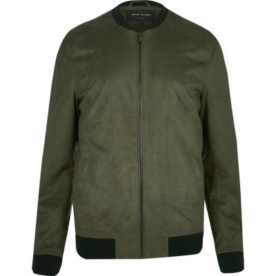 Green lightweight faux suede bomber jacket